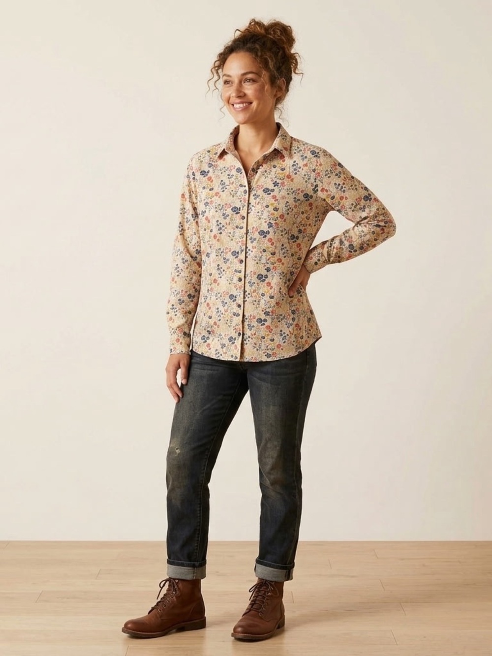 Duluth Trading Co Beige Floral Button-Down Shirt with Navy & Red Accents